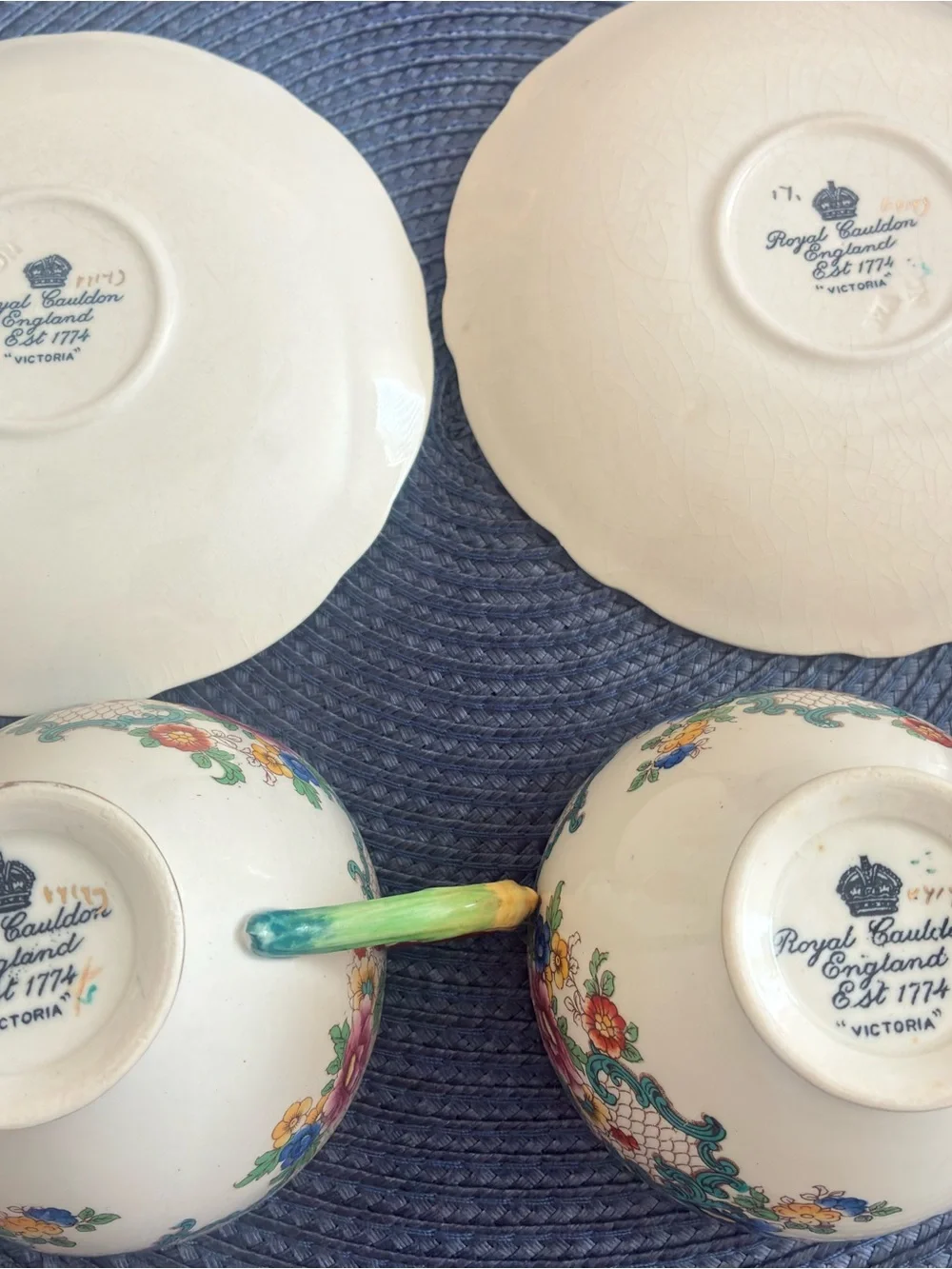 Royal Cauldon “Victoria” Pattern Teacups & Saucers – Pair